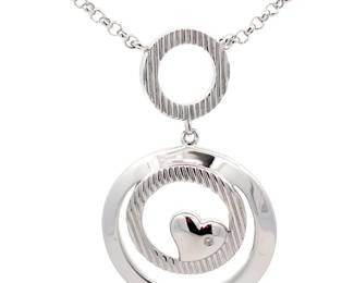 Concentric Bright Polish Textured Circle Drop Heart Pendant Necklace