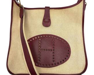 Hermès Evelyne PM Canvas & Leather Shoulder Bag in Beige and Burgundy