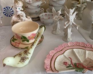 Fenton signed uranium custard glass bird, large Franciscan cup/saucer, poodle thermometer