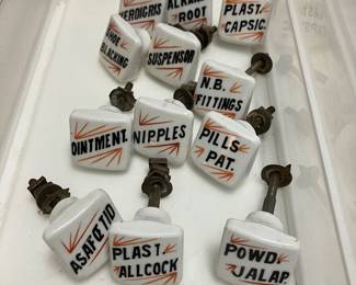 early 1900s ceramic apothecary/pharmacy cabinet pulls