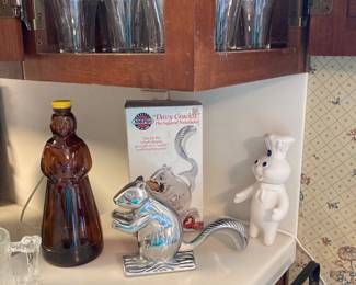 Coca Cola glasses, Mrs Butterworth bottle, Davey Crackitt nutcracker, Pillsbury Dough Boy