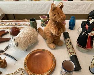 Australian items--real kangaroo hide and fur stiff stuffed, with joey; aboriginal rain stick, real wool wood carved sheep, etc. 