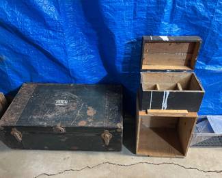 vintage footlocker, boxes