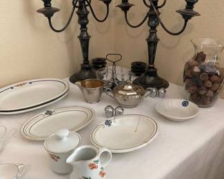 silverplate on copper candelabra, Illinois Central RR and militaria dishes, etc