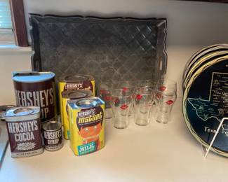 vintage tins, Hershey's can opener, aluminum tray, vintage Dairy Queen DQ glasses