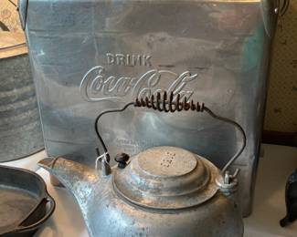 c. 1894 pre-Griswold aluminum kettle, vintage Coca Cola ice chest with shelf