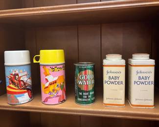 1968 thermoses, Goldwater drink can, 1960s full Baby Powder tins