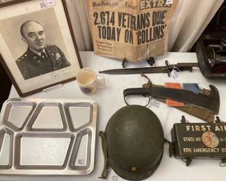 US Army items--steel pot helmet, machete, bayonet, Jeep first aid kit, and US Navy steel meal trays
