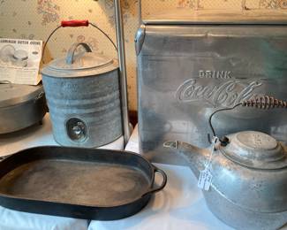 vintage 2 gallon cooler dispenser, cast iron Birmingham Stove shallow fish fryer
