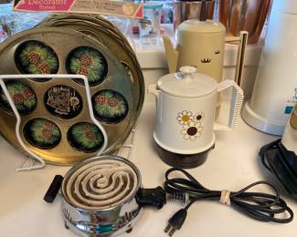souvenir trays, vintage warmer, hot pot, coffee perc
