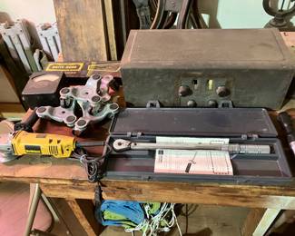 DeWalt angle grinder, voltmeter, torque wrench, vintage radio