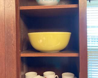 vintage Amish Butterprint Cinderella bowl, 404 yellow mixing bowl, armadillo mugs set