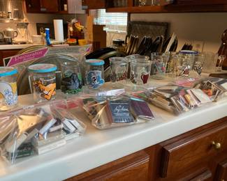 Welch's jelly jar glasses, vintage matchbooks and matchboxes