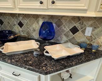 Stoneware serving trays, large blue brandy sniffer 