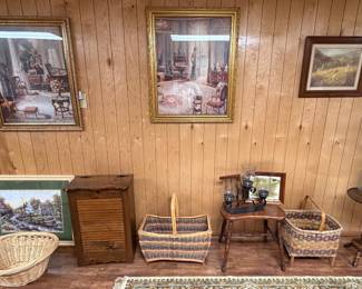 Wall Pictures; Baskets; Wooden Trash cans; Round Ornate Side Table