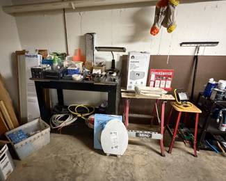 Work Bench; Utility Table; Stool; Desk Lamp; Lightbulbs; Wiring; Toilet Seats; Mailbox; Garage Items
