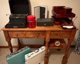 Ornate Knee Hole Desk; Royal Arrow Typewriter w/ Case; Desk Organizer Set; Lap Top Desks