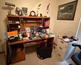 Sauder Desk with Hutch; Metal Filing Cabinet; Desk Lamps; Mantle Clock; Office Supplies