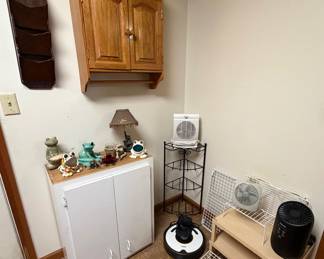 Cabinets; Frog Decor; Mail Caddy; Longaberger Foundry Wrought Iron 4 Tier Corner Stand Shelf; iRobot Roomba; Holmes Desk Fan; Slevoo Air Purifier; Stacking Shelves