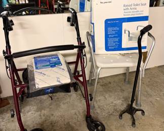 Medline Rollator Wheeled Walker with Seat; Invacare Raised Toilet Seat; Shower Seat; Footed Cane; Medline Ultrasorb Disp. Underpads