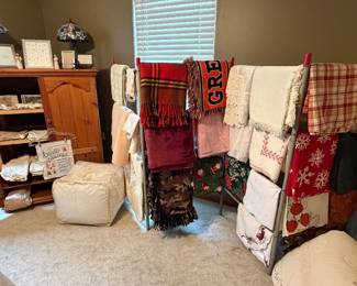 Blankets; Throws; Tablecloths; Lamps; Doilies; Table Runners; Picture Frames; Armoire Cabinet w/ Shelf Inserts