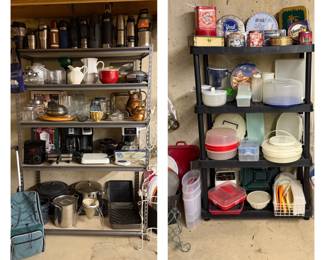 Travel Mugs; Thermos; Stock Pots; Small Appliances; Misc. Kitchen Items; Decorative Tins; Tupperware; Plastic Storage Containers