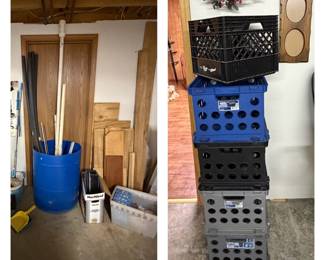 Wood Pieces, Plastic Barrel, Crates