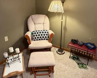 Beige Rocker Glider with Matching Ottoman; Ornate Vintage Marble Base Iron Floor Lamp; Foldable Bed Tray; Ornate Iron Vanity Bench 