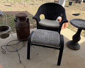Wicker Chair; Patio Ottoman; Bird Bath; Metal Milk Can; Plant Holders