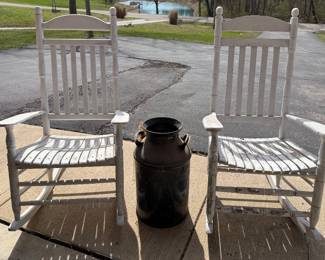 Wooden Outdoor Rockers; Metal Milk Can