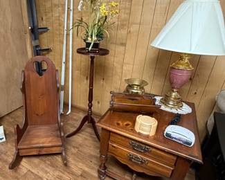 End Tables (2); Wooden Childs Rocker; Metal Bed Frame; Wooden Plant Stand