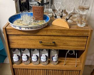 Microwave/ Bar Cart on Wheels; Bar Cocktail Case; Durbin Crystal Stemware; 1997 Coca Cola Polar Bear Glasses; 1976 Pabst Brewing Co. Limited Edition Tray
