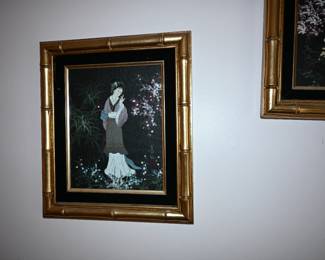 Asian Style Japanese Art On Wood Plaque Black Felt Trim