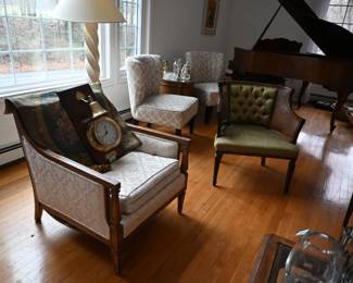 Vintage Mid Century Cane Sides Button Tufted Back Barrel Chairs 