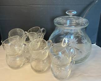 Vintage Etched Cut Glass Punch Bowl  12 Glasses