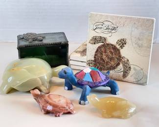 3 Carved Stone Tortoises Glass Tortoise Box 4 Coasters  Tortoise Sculpture