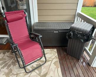 Suncast Outdoor Storage Bin With Outdoor Trash bin And Portable Lounge Chair