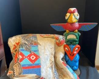 Approximately 88x70 Native American Themed Fabric  Ceramic Totem Pole