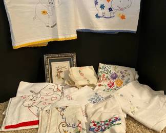 Handmade Embroidered  Crossstitch Linens With Small Framed Picture