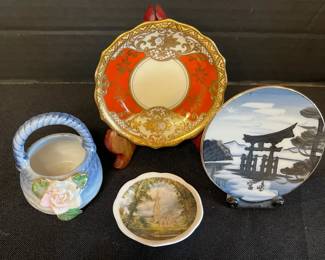 Tiny Decorative Plates And Basket Featuring Hand Painted Asian Plate