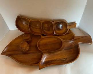 Teak Wood Sectional Serving Trays With Salt  Pepper Shakers