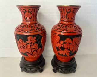 Vintage Hand Carved Chinese Red  Black Lacquer Cinnabar Vases