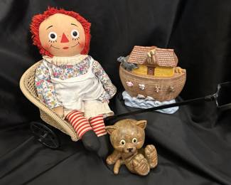 Vintage Toy Buggy With Raggedy Anne Doll And Hand Painted Childrens Statues