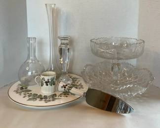 Royal Worcester Bone China England Lavinia Cake Platter Cup  Knife With Crystal Bowls  More