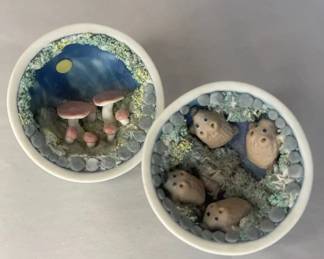 Miniature Mushroom And Mole Diorama In Porcelain Egg