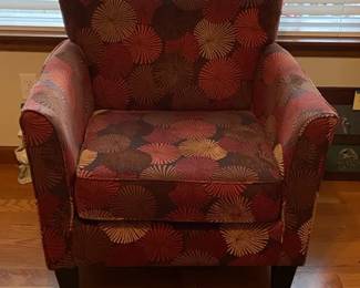 Floral Patterned Arm Chair In Browns Oranges  Dark Red