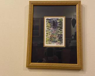 Gold Toned Framed Print In The Garden Scene With Signature