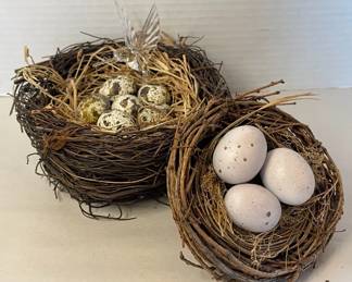 Bird Nests With Faux Quail Eggs And Glass Hummingbird