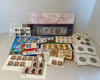 Stamp And Coin Collection Featuring Princess Diana Stamps And 2009 Looney Tunes Stamps