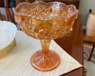 Marigold carnival glass compote